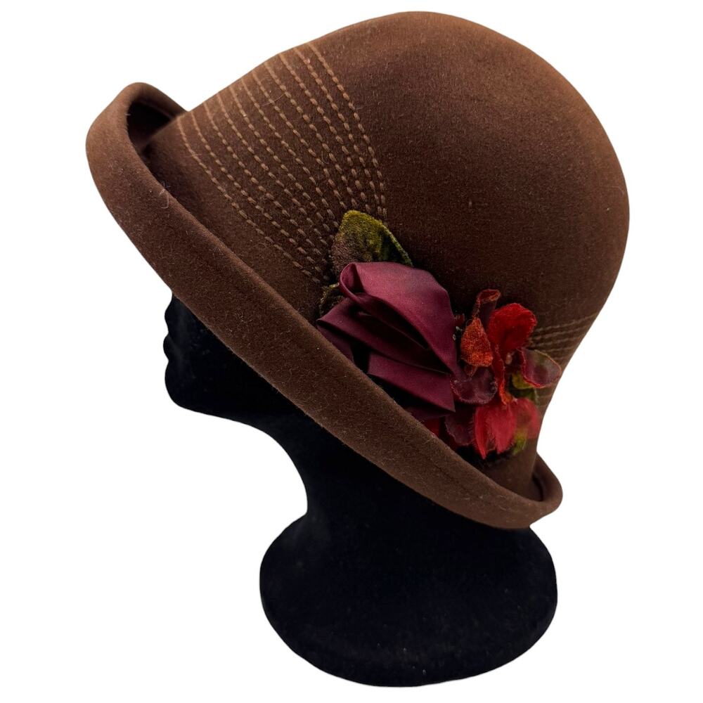 Vtg 90s Y2K Toucan Col Wool Felt Cloche Hat Flower Preppy Dark Academia Heritage